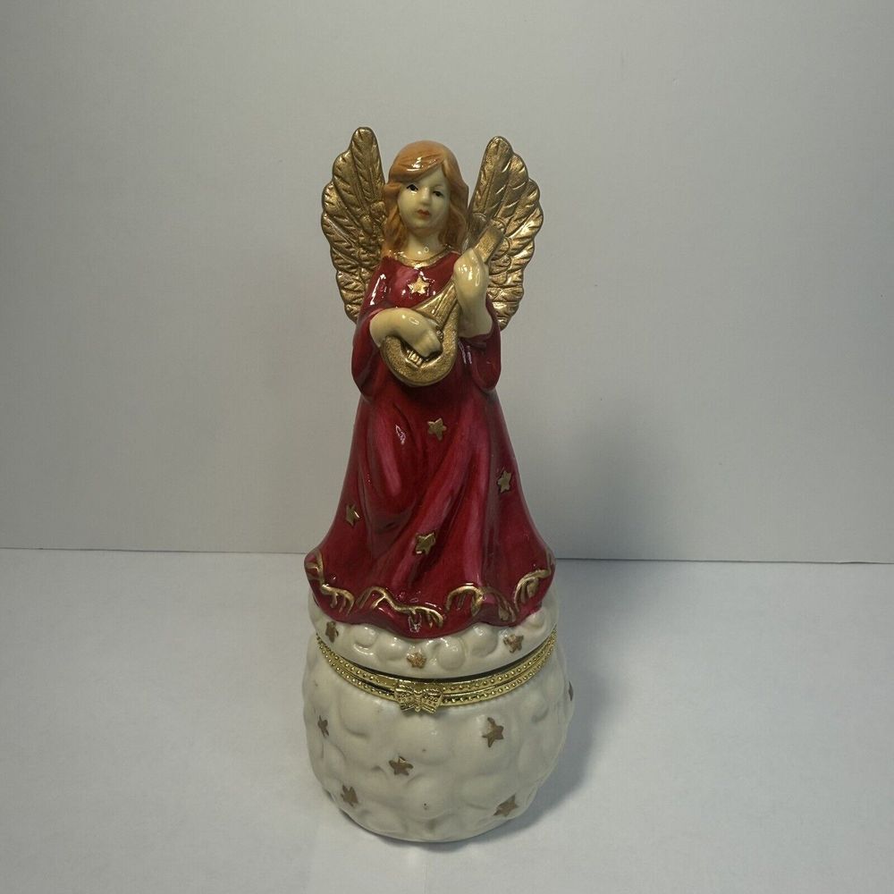 Angel w/ Mandolin Porcelain‎ Trinket Box Figurine Vintage Ring/jewelry Holder